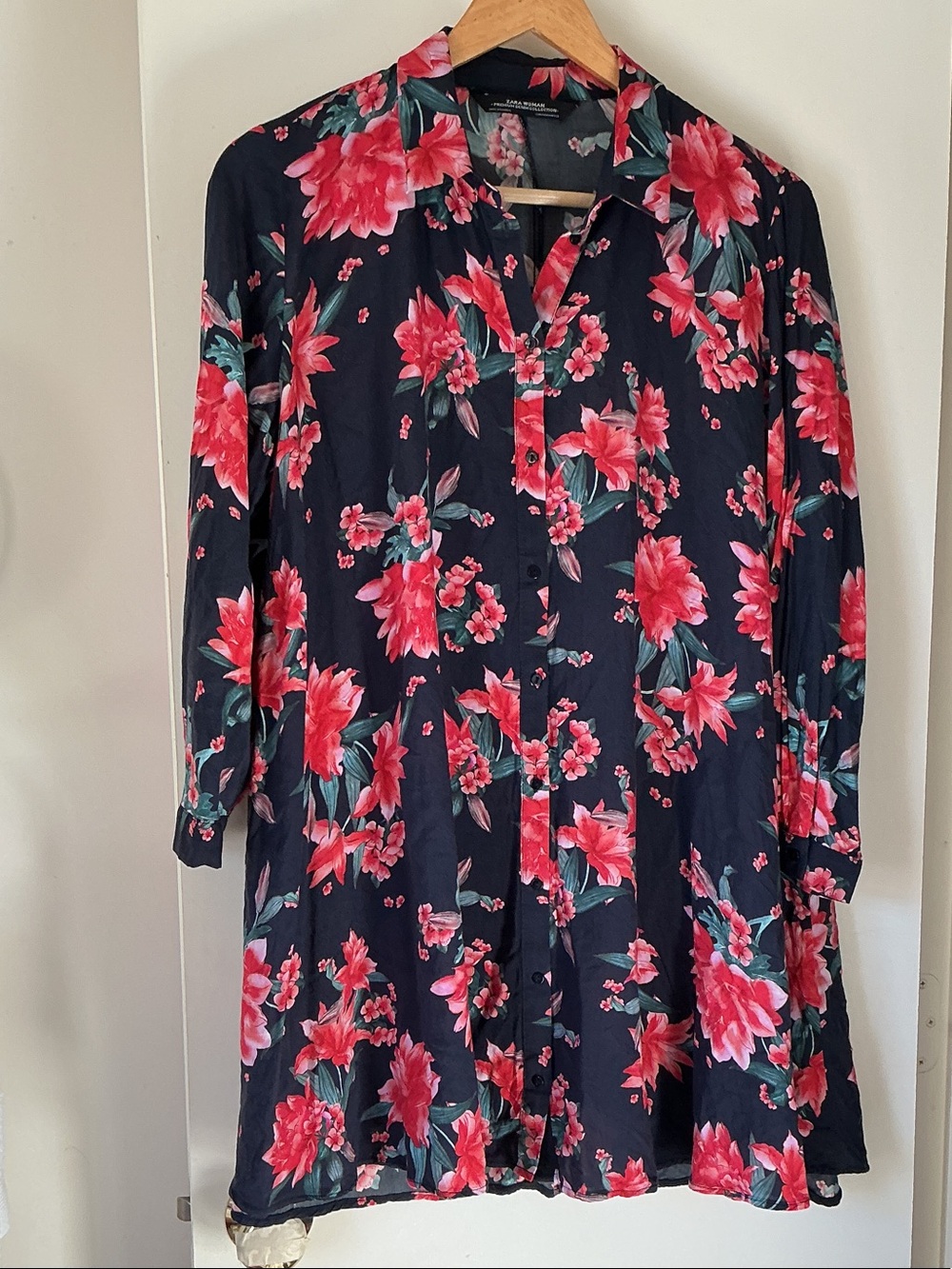 ZARA Women's Floral Button-Front Navy and Red Shirt Tunic Dress